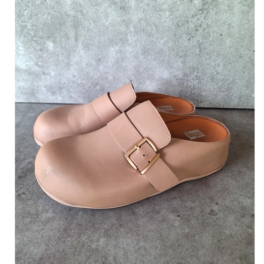 FitFlop Shuv buckled leather clogs sand beige tone womens comfort shoes walking
